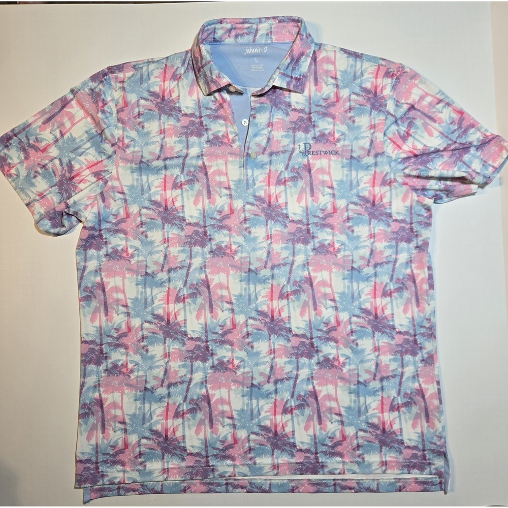 Johnnie-O Performance Polo Shirt Mens Large Pink Blue Palm Tree - Prestwick EPC